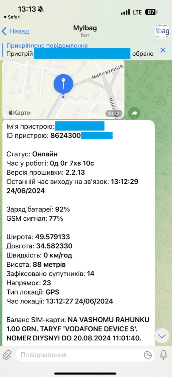 Скріншот інтерфейсу Telegram бота Myibag з командами керування трекером